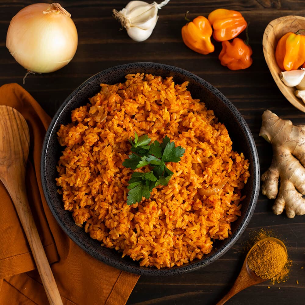 Jollof rice prepared with Ghanaian spices
